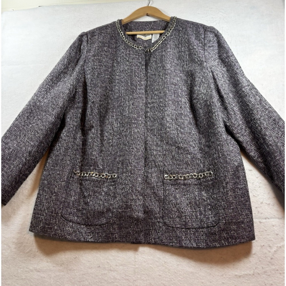 ALFRED DUNNER Womens 20W Purple Gray Tweed Blazer‎ W/Silver Chain Embellishment